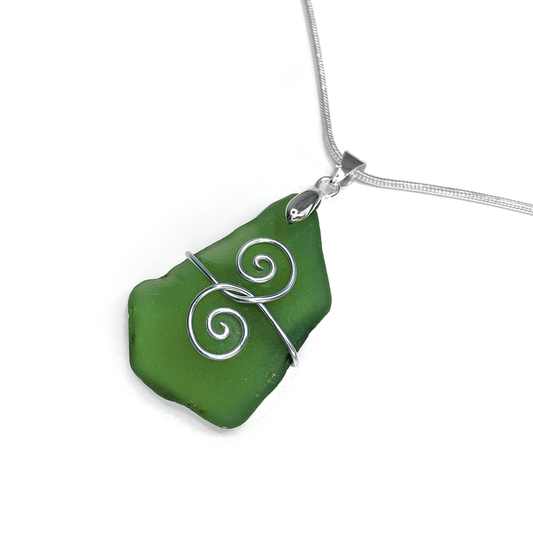 Sea Glass Pendant - Olive Green 'Friendship' Interlocking Spirals Necklace - Silver Scottish Beach Jewellery