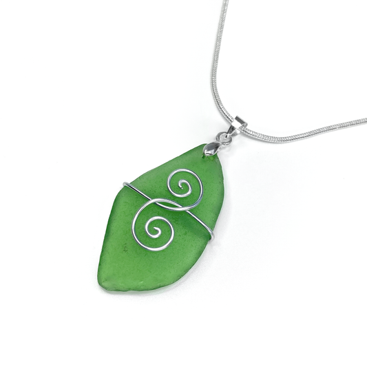 Sea Glass Pendant - Emerald Green 'Friendship' Interlocking Spirals Necklace - Silver Scottish Beach Jewellery