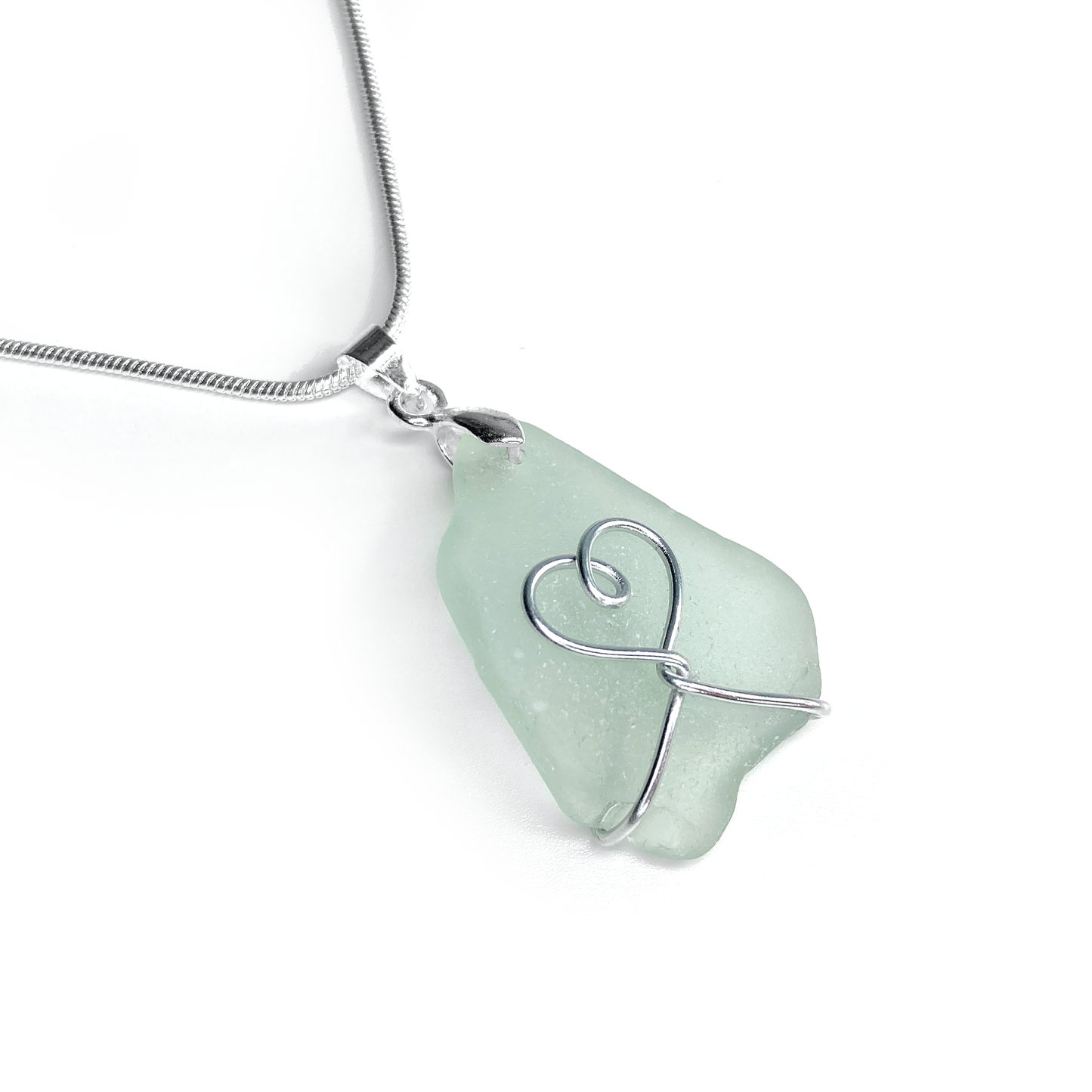 Sea Glass Pendant - Aqua Green Heart Wire Wrapped Necklace - Scottish Silver Jewellery