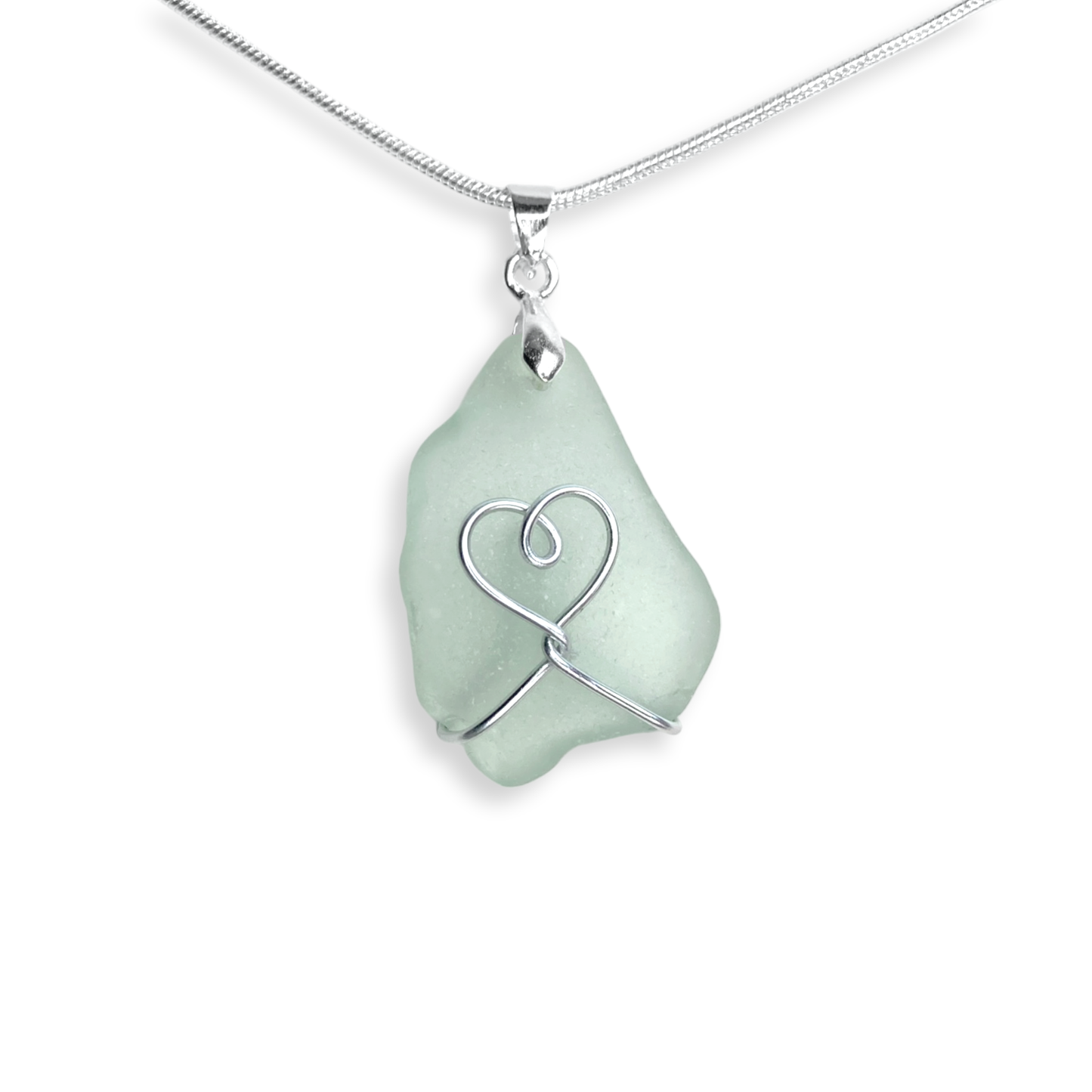 Sea Glass Pendant - Aqua Green Heart Wire Wrapped Necklace - Scottish Silver Jewellery