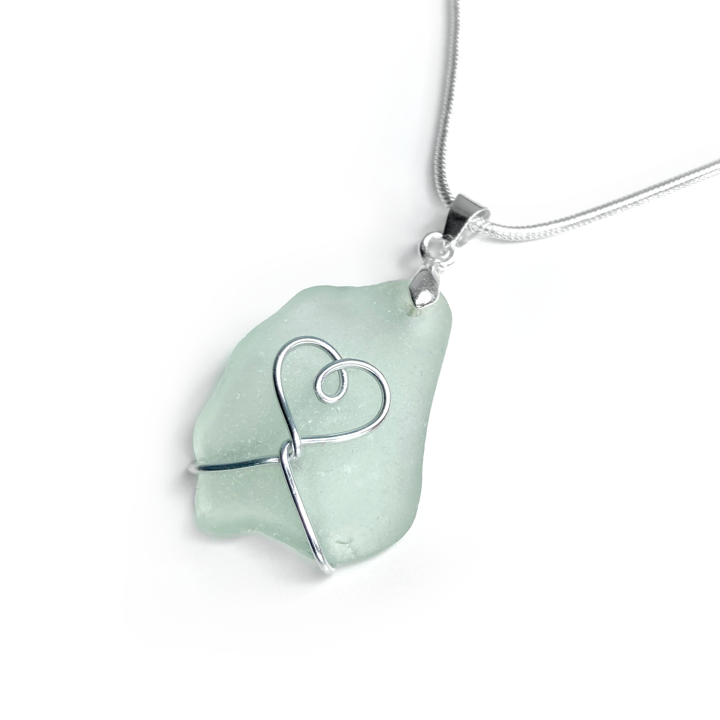 Sea Glass Pendant - Aqua Green Heart Wire Wrapped Necklace - Scottish Silver Jewellery