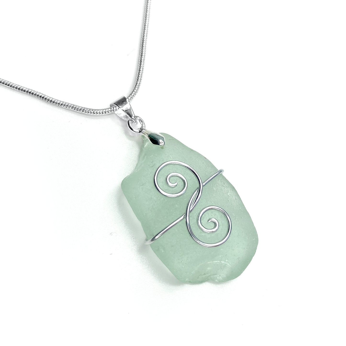 Sea Glass Pendant - Aqua Green 'Friendship' Interlocking Spirals Necklace - Silver Scottish Beach Jewellery