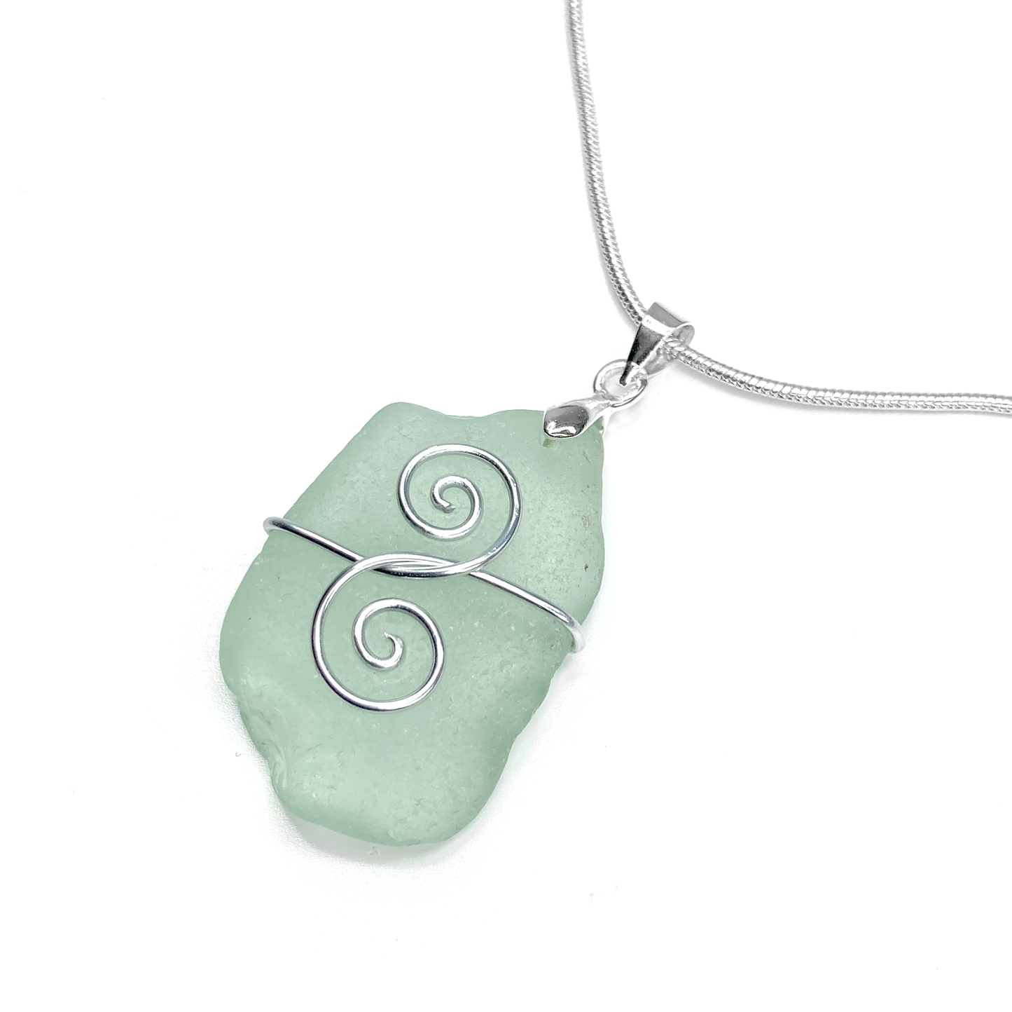 Sea Glass Pendant - Aqua Green 'Friendship' Interlocking Spirals Necklace - Silver Scottish Beach Jewellery