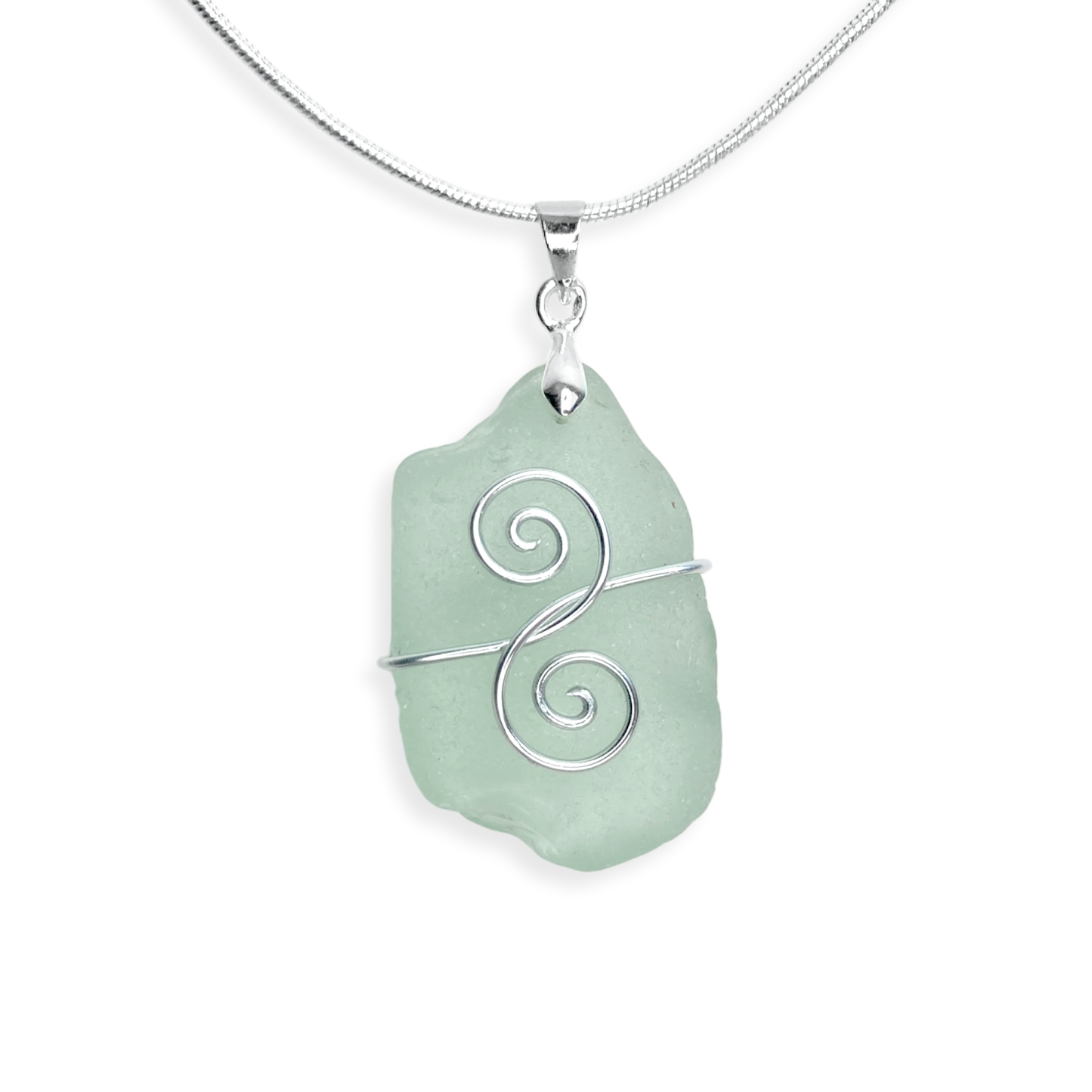 Sea Glass Pendant - Aqua Green 'Friendship' Interlocking Spirals Necklace - Silver Scottish Beach Jewellery