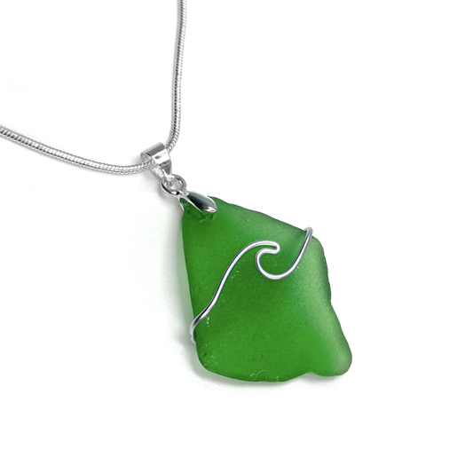 Sea Glass Pendant - Emerald Green Wave Wire Wrapped Necklace - Scottish Silver Jewellery