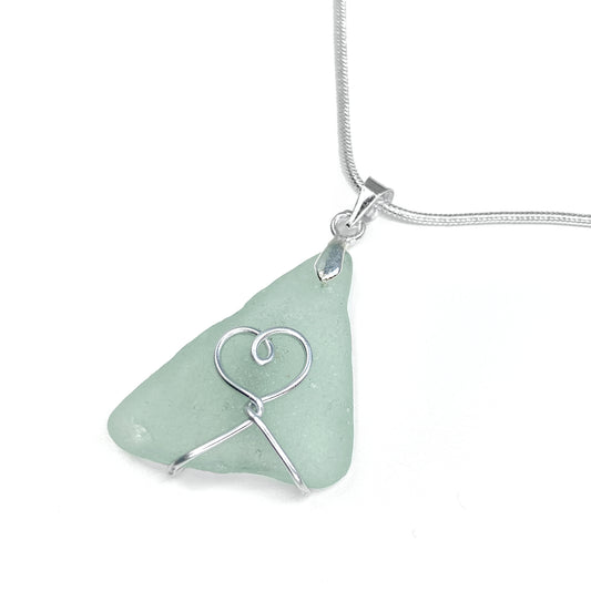 Sea Glass Pendant - Aqua Green Heart Wire Wrapped Necklace - Scottish Silver Jewellery