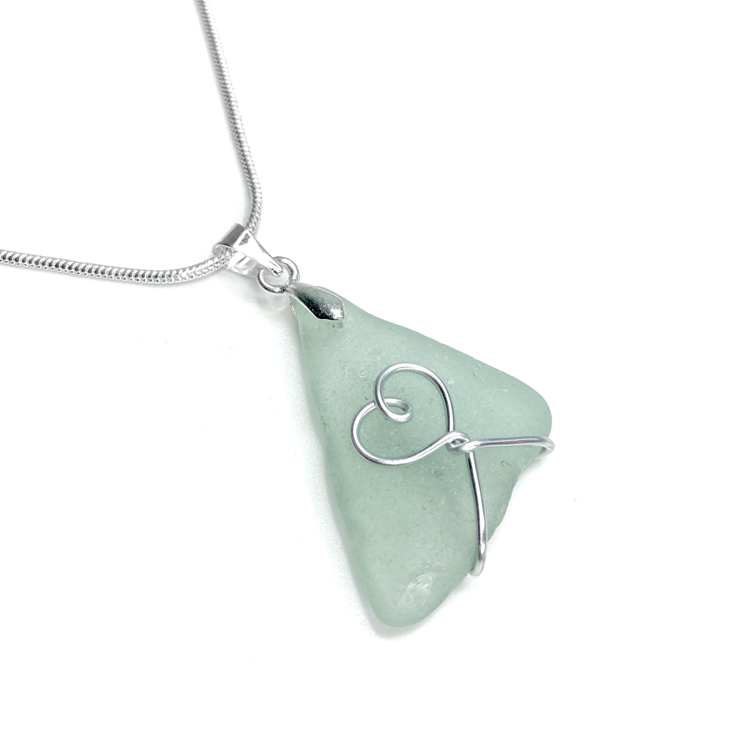 Sea Glass Pendant - Aqua Green Heart Wire Wrapped Necklace - Scottish Silver Jewellery