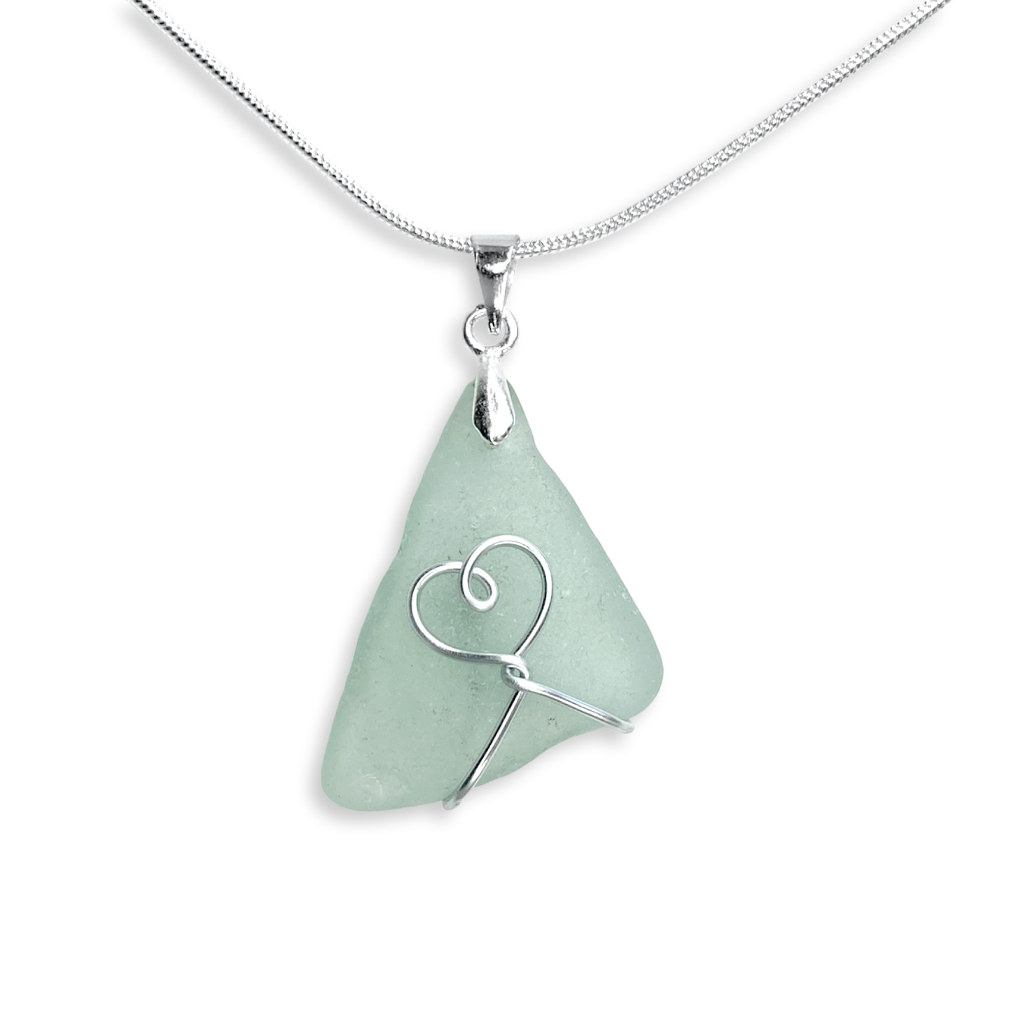 Sea Glass Pendant - Aqua Green Heart Wire Wrapped Necklace - Scottish Silver Jewellery