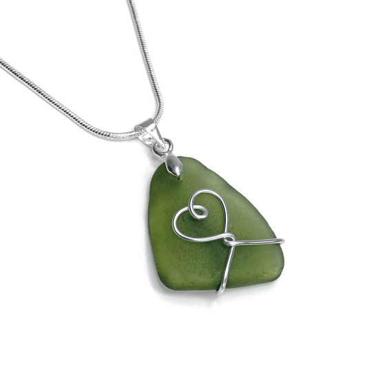 Sea Glass Pendant - Olive Green Heart Wire Wrapped Necklace - Scottish Silver Jewellery