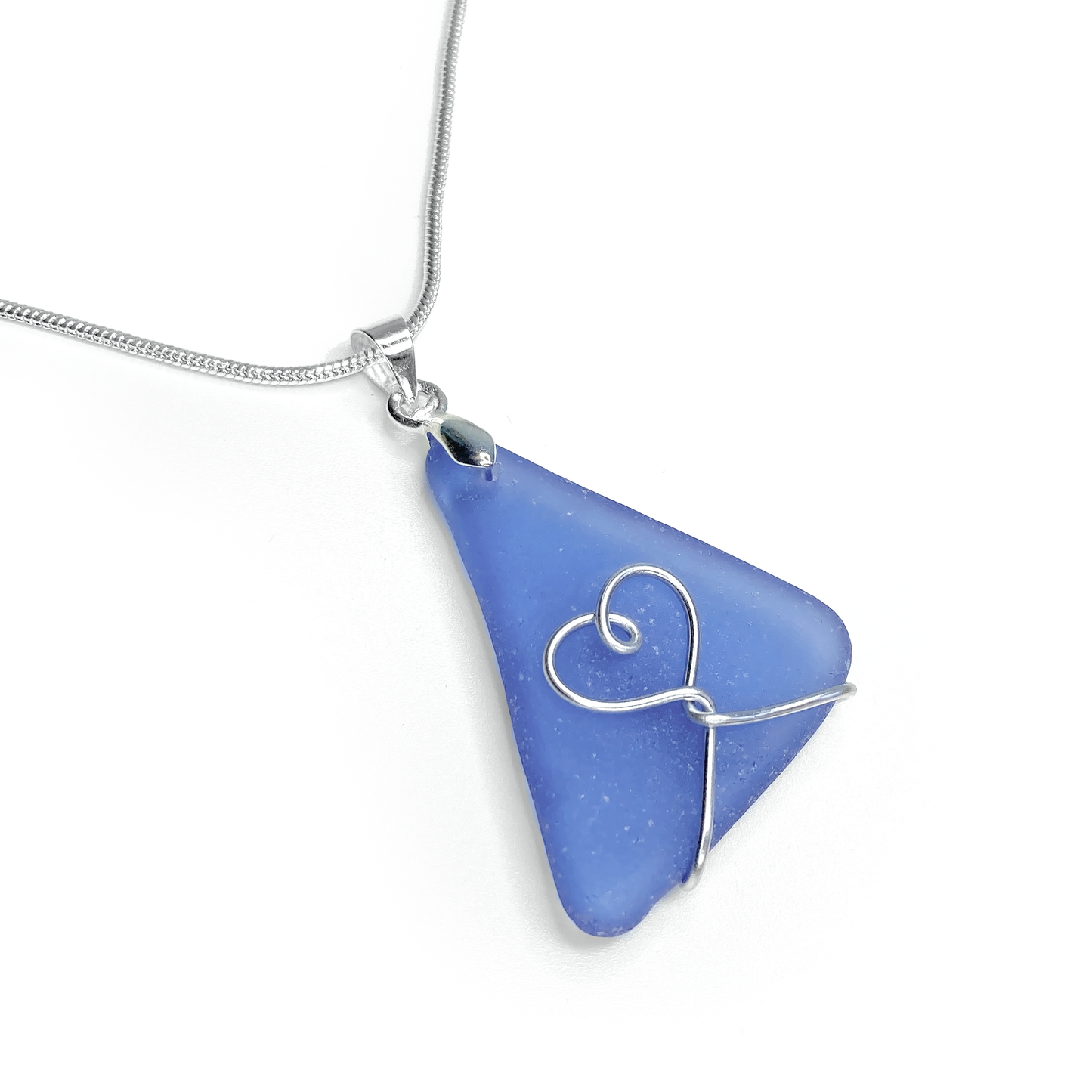 Sea Glass Pendant - Pale Blue Heart Wire Wrapped Necklace - Scottish Silver Jewellery