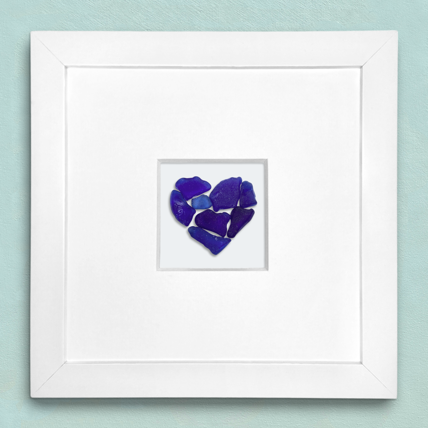 Tiny Framed Sea Glass Heart - Cobalt Blue Scottish Beach Glass Coastal Wall Art