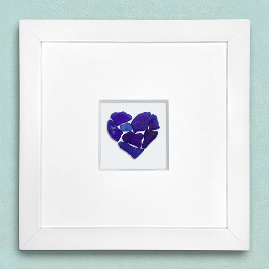 Tiny Framed Sea Glass Heart - Cobalt Blue Scottish Beach Glass Coastal Wall Art