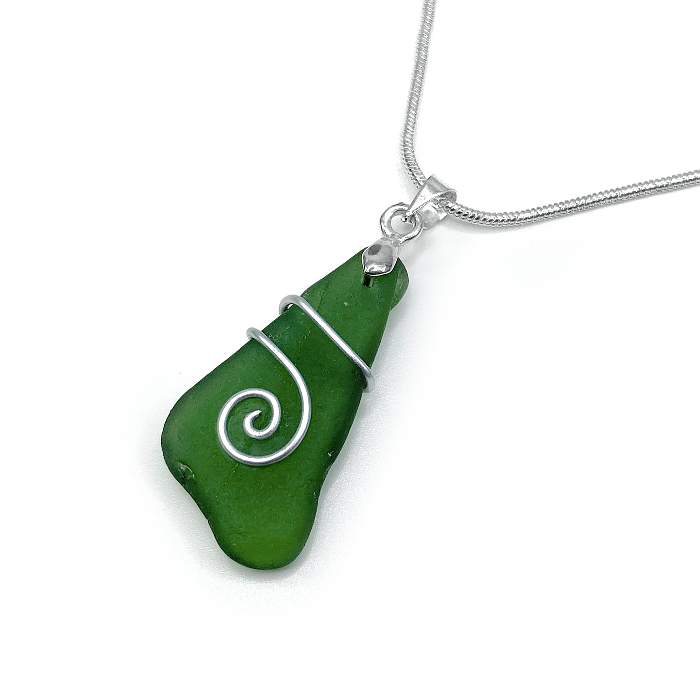 Sea Glass Necklace - Olive Green Celtic Wire Wrapped Pendant - Scottish Silver Jewellery