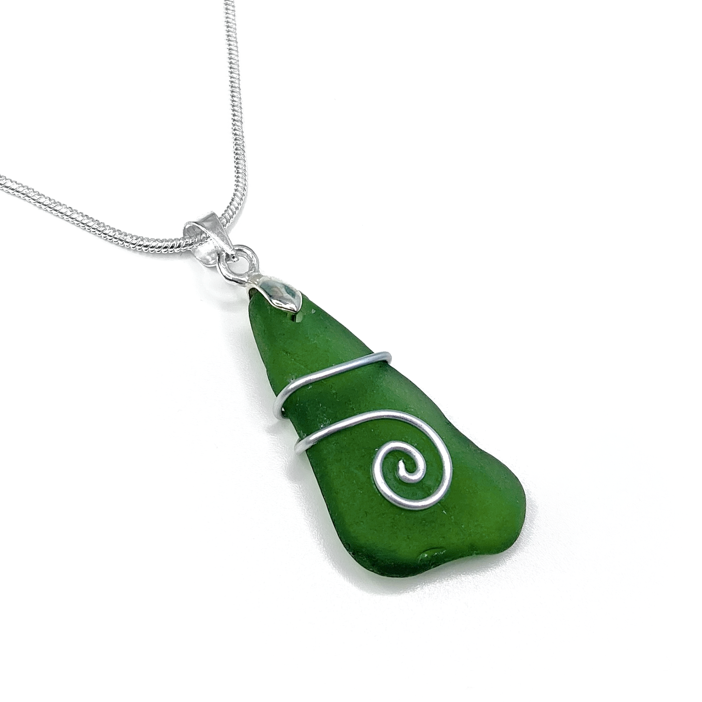 Sea Glass Necklace - Olive Green Celtic Wire Wrapped Pendant - Scottish Silver Jewellery