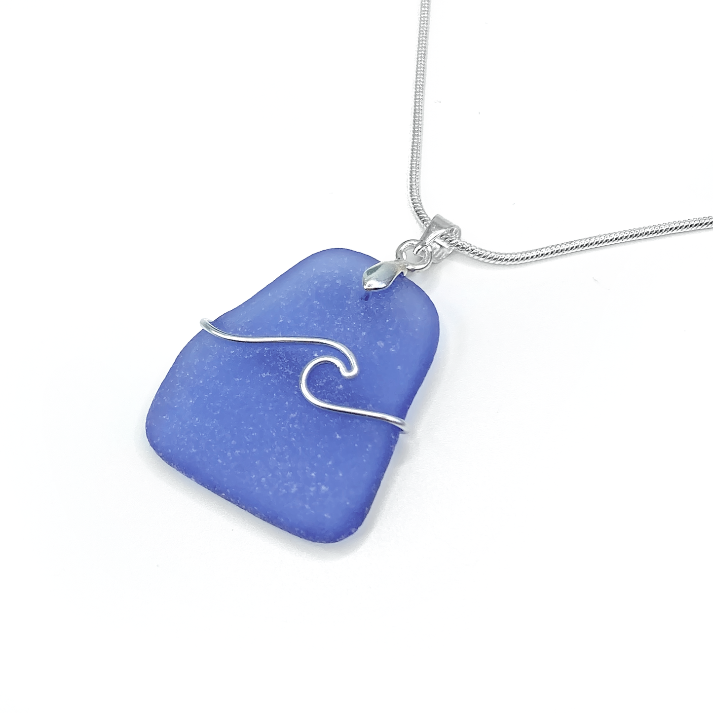 Sea Glass Necklace - Pale Blue Wave Wire Wrapped Pendant - Scottish Silver Jewellery