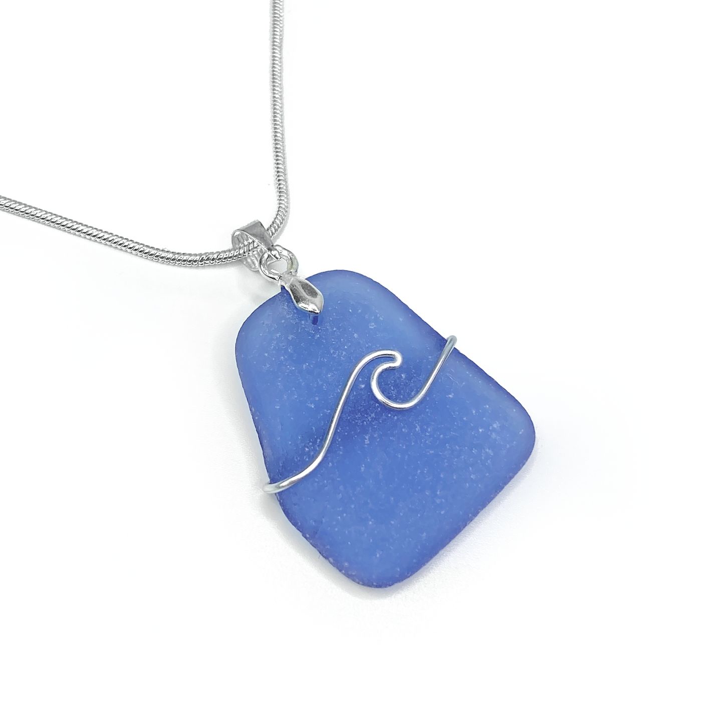 Sea Glass Necklace - Pale Blue Wave Wire Wrapped Pendant - Scottish Silver Jewellery