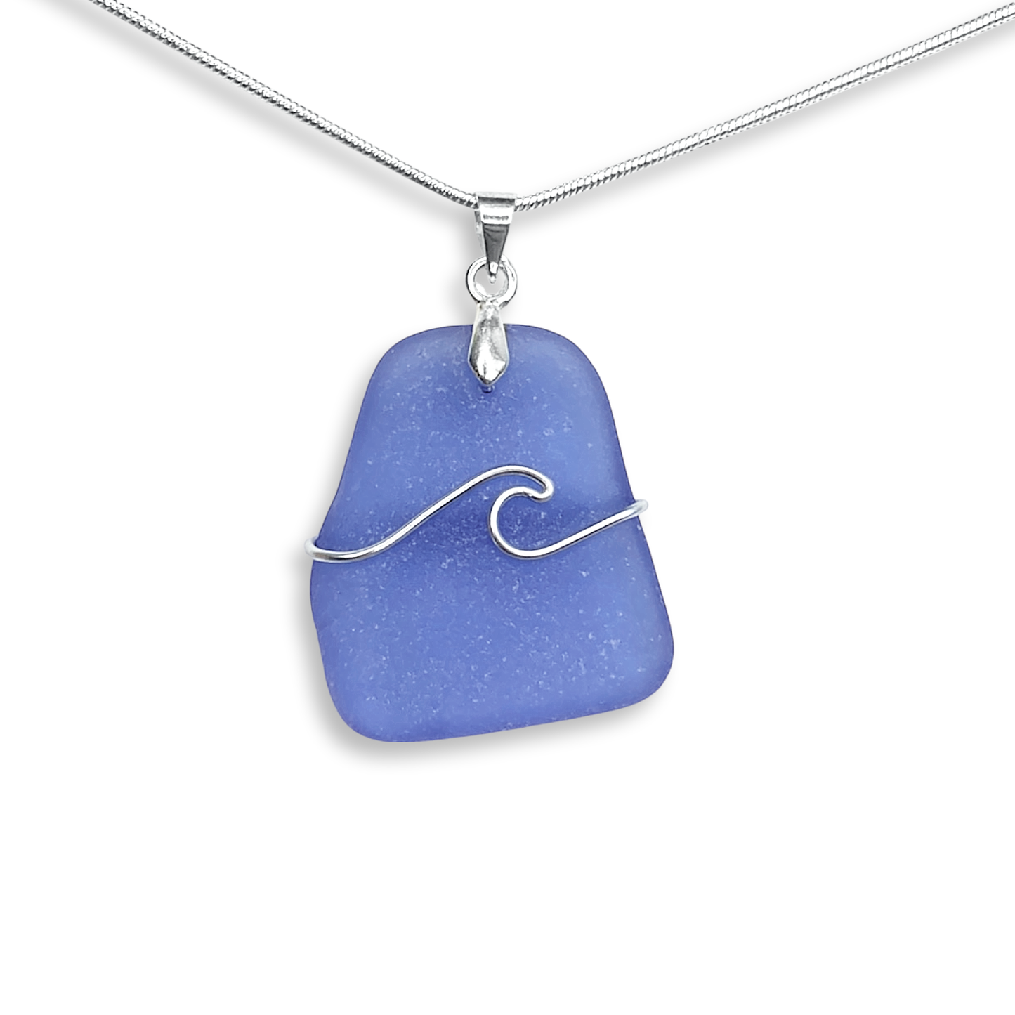 Sea Glass Necklace - Pale Blue Wave Wire Wrapped Pendant - Scottish Silver Jewellery