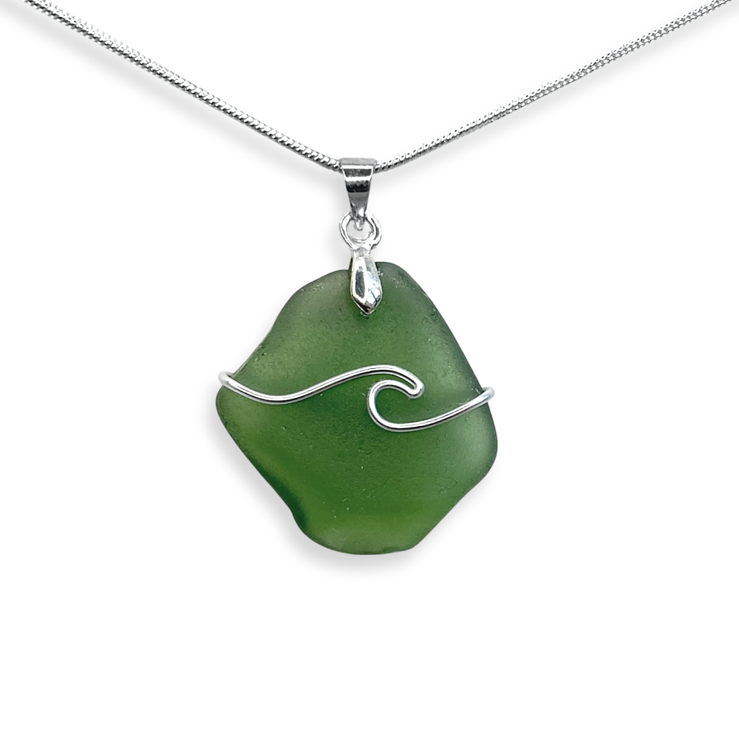 Sea Glass Necklace - Olive Green Wave Wire Wrapped Pendant - Scottish Silver Jewellery