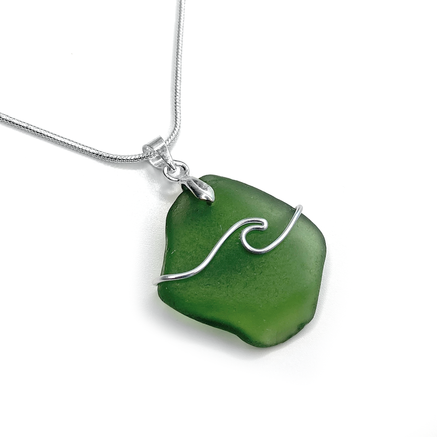 Sea Glass Necklace - Olive Green Wave Wire Wrapped Pendant - Scottish Silver Jewellery