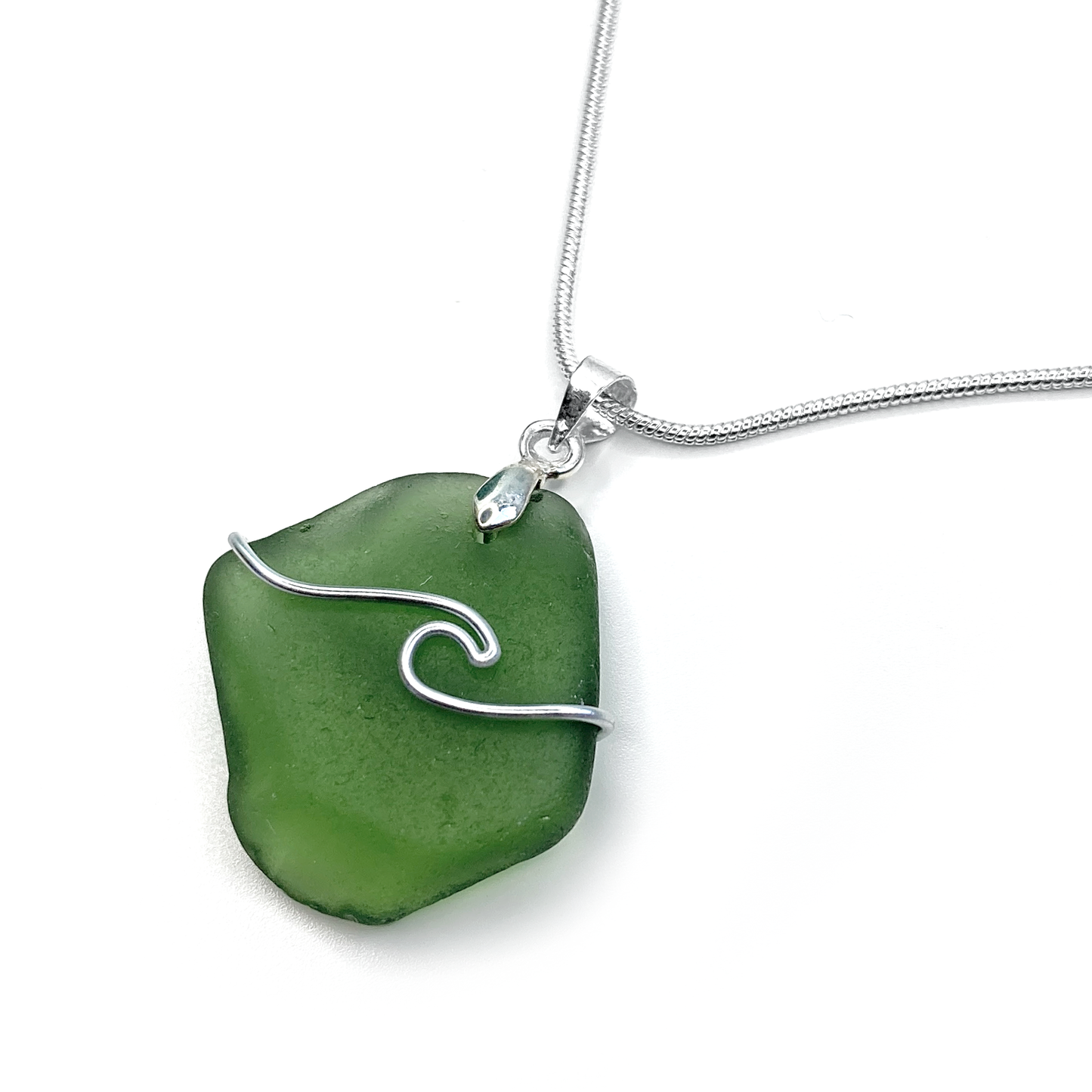 Sea Glass Necklace - Olive Green Wave Wire Wrapped Pendant - Scottish Silver Jewellery