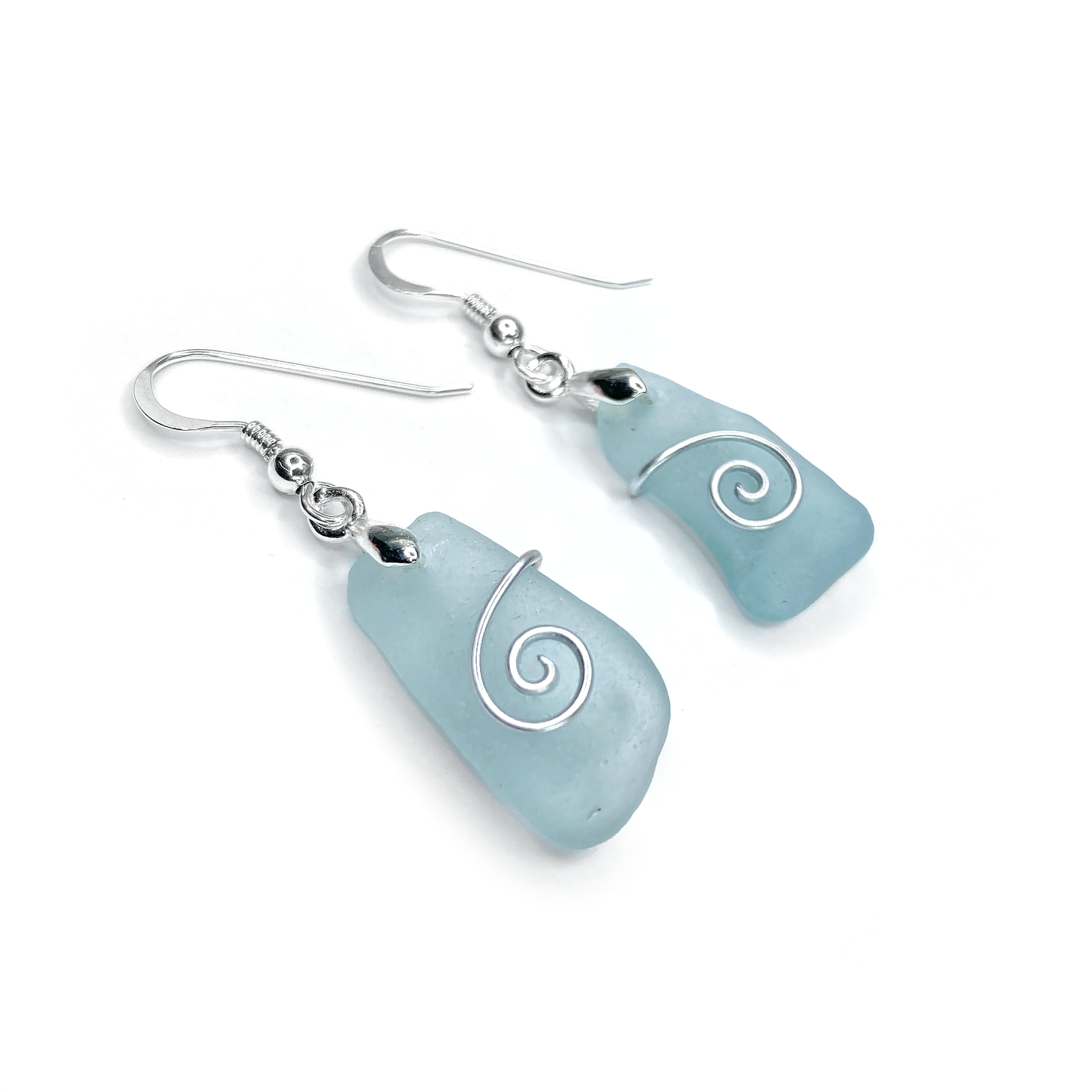 Sea Glass Earrings - Aqua Blue Celtic Silver Wire Wrapped Jewellery