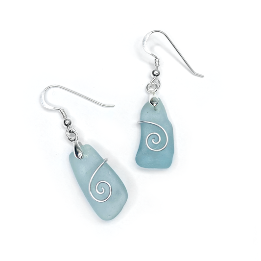 Sea Glass Earrings - Aqua Blue Celtic Silver Wire Wrapped Jewellery