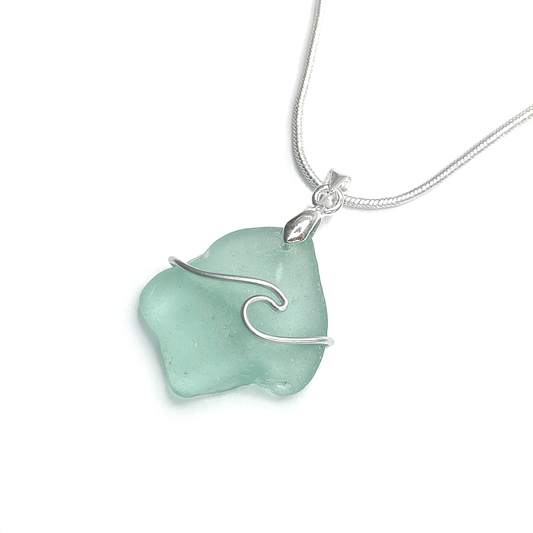 Sea Glass Necklace - Pale Blue Wave Wire Wrapped Pendant - Scottish Silver Jewellery