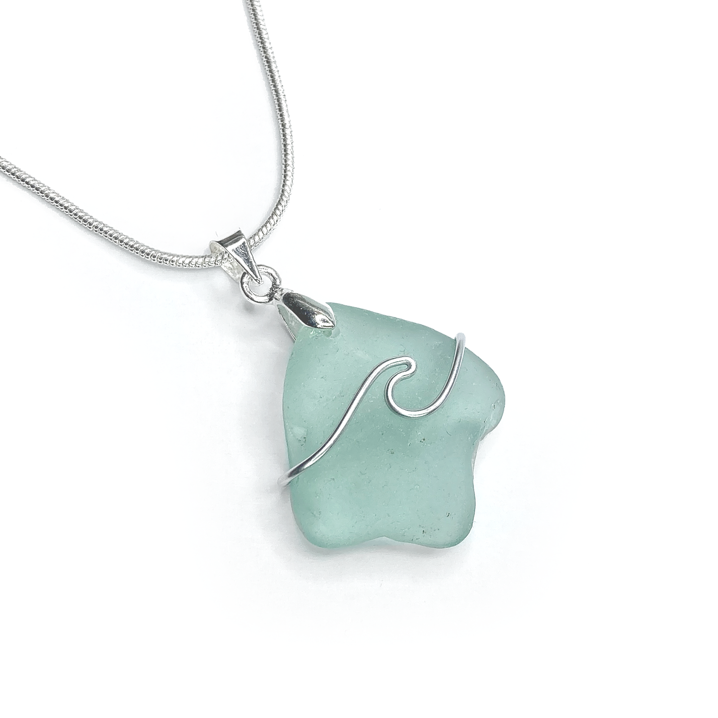 Sea Glass Necklace - Pale Blue Wave Wire Wrapped Pendant - Scottish Silver Jewellery