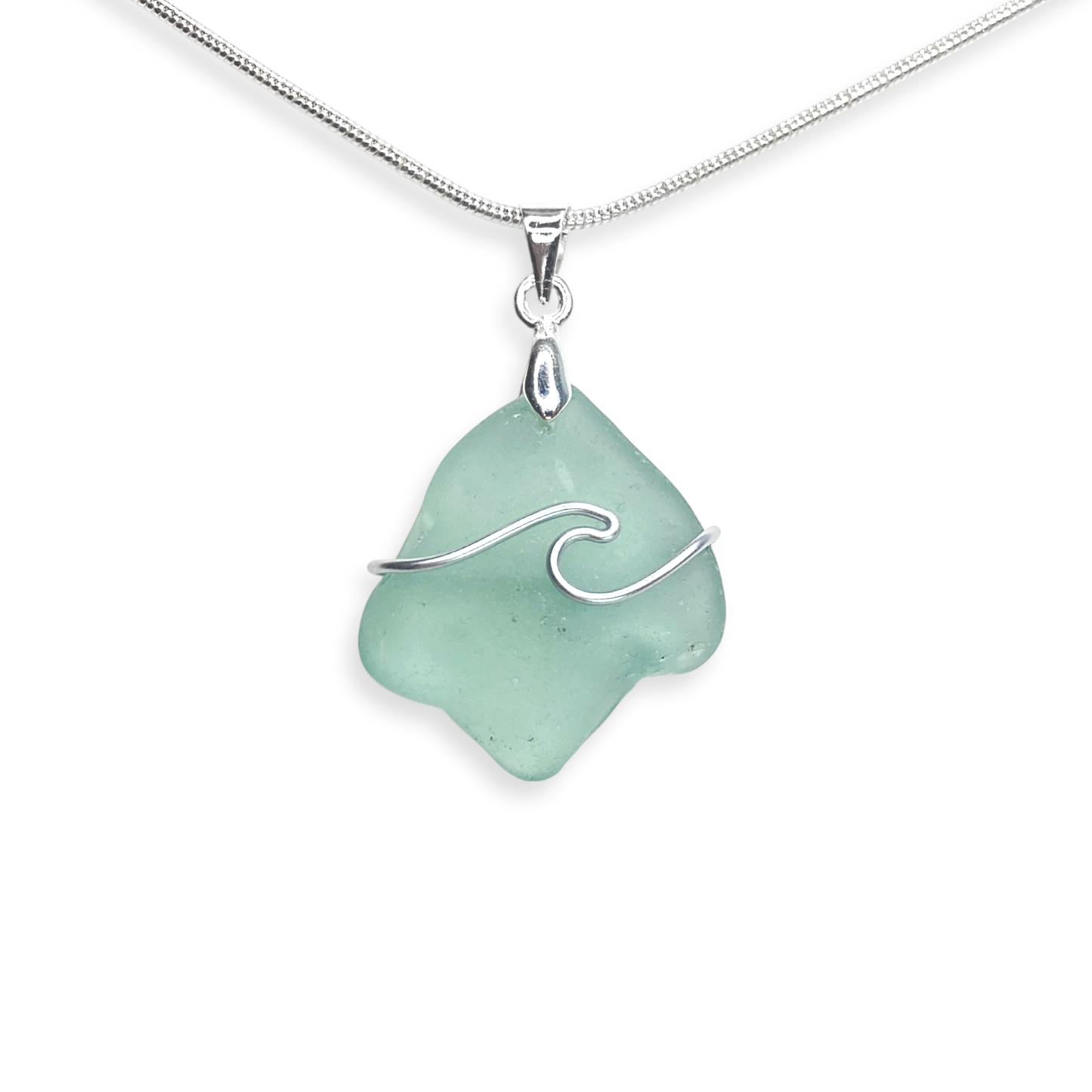 Sea Glass Necklace - Pale Blue Wave Wire Wrapped Pendant - Scottish Silver Jewellery