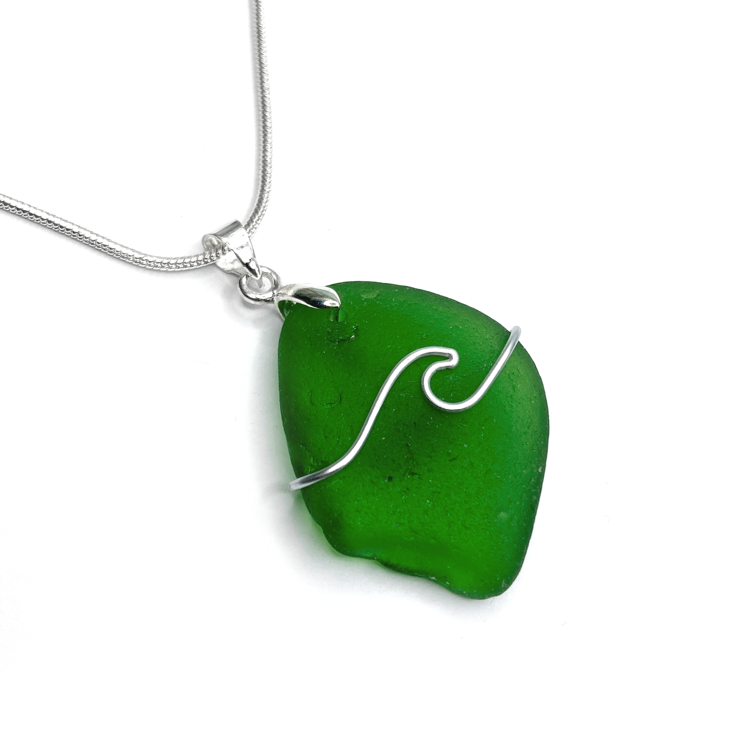 Sea Glass Necklace - Emerald Green Wave Wire Wrapped Pendant - Scottish Silver Jewellery