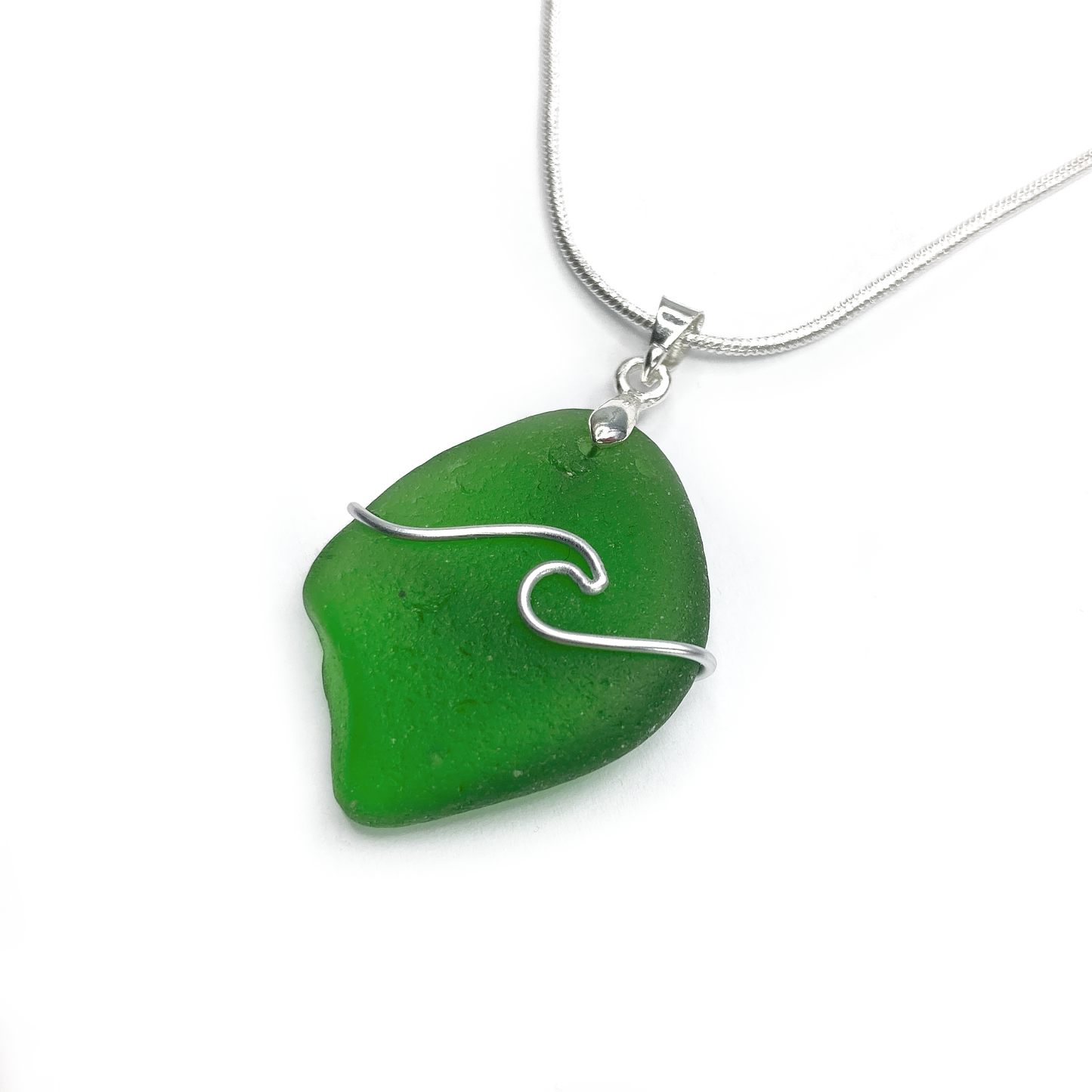 Sea Glass Necklace - Emerald Green Wave Wire Wrapped Pendant - Scottish Silver Jewellery