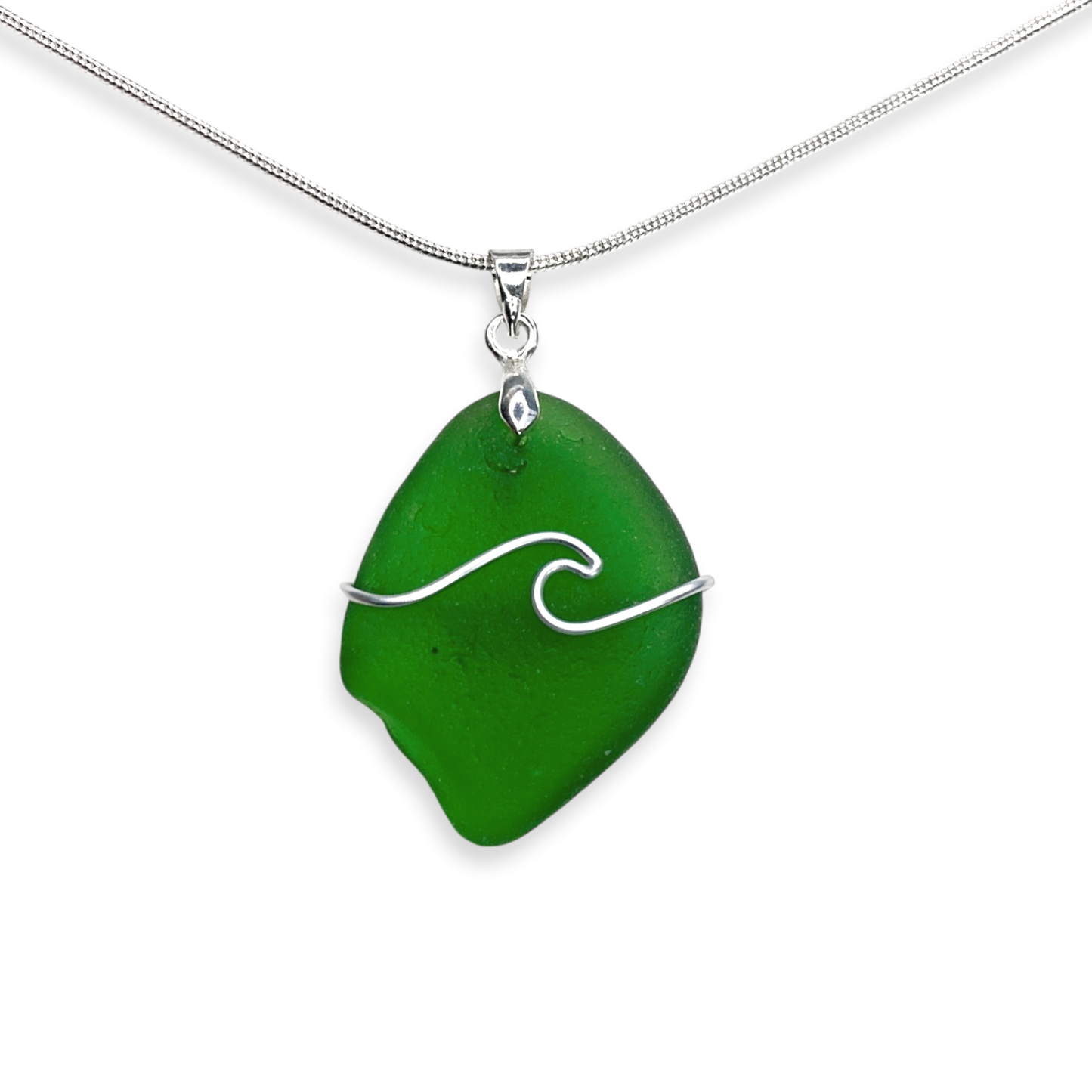 Sea Glass Necklace - Emerald Green Wave Wire Wrapped Pendant - Scottish Silver Jewellery