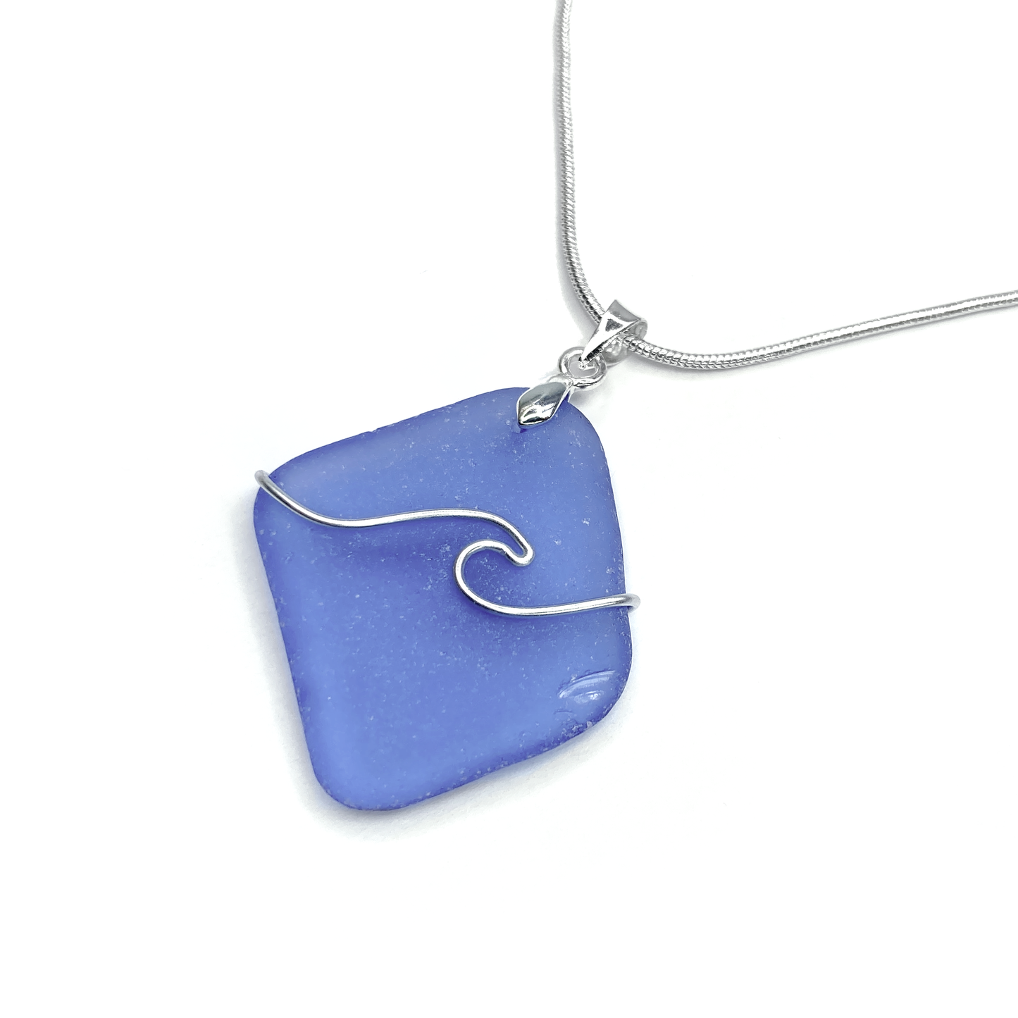 Sea Glass Necklace - Pale Blue Wave Wire Wrapped Pendant - Scottish Silver Jewellery