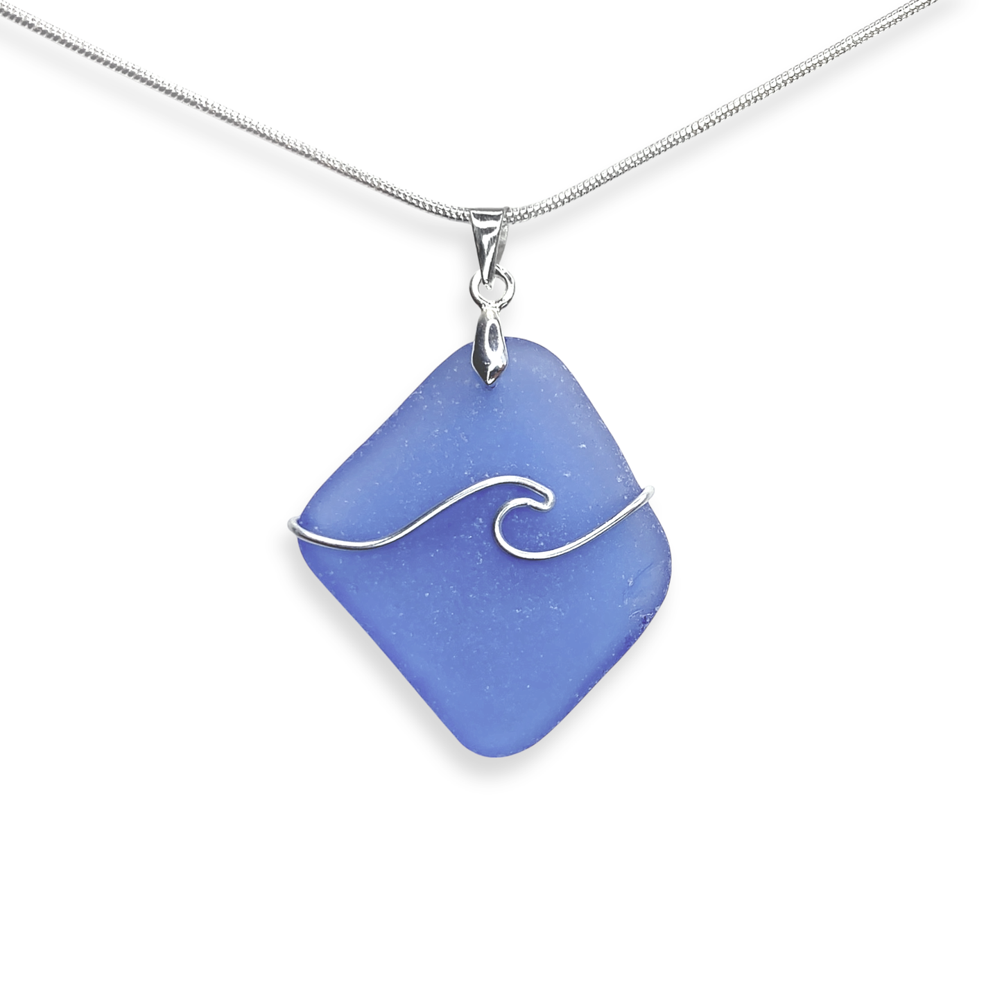 Sea Glass Necklace - Pale Blue Wave Wire Wrapped Pendant - Scottish Silver Jewellery