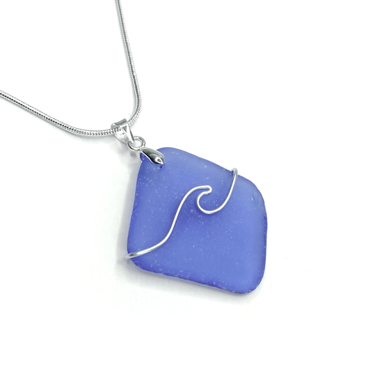 Sea Glass Necklace - Pale Blue Wave Wire Wrapped Pendant - Scottish Silver Jewellery