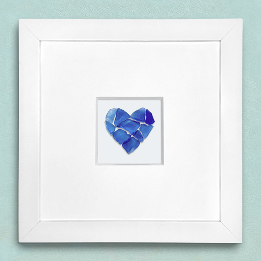 Tiny Framed Sea Glass Heart - Cornflower Blue Scottish Beach Glass Coastal Wall Art