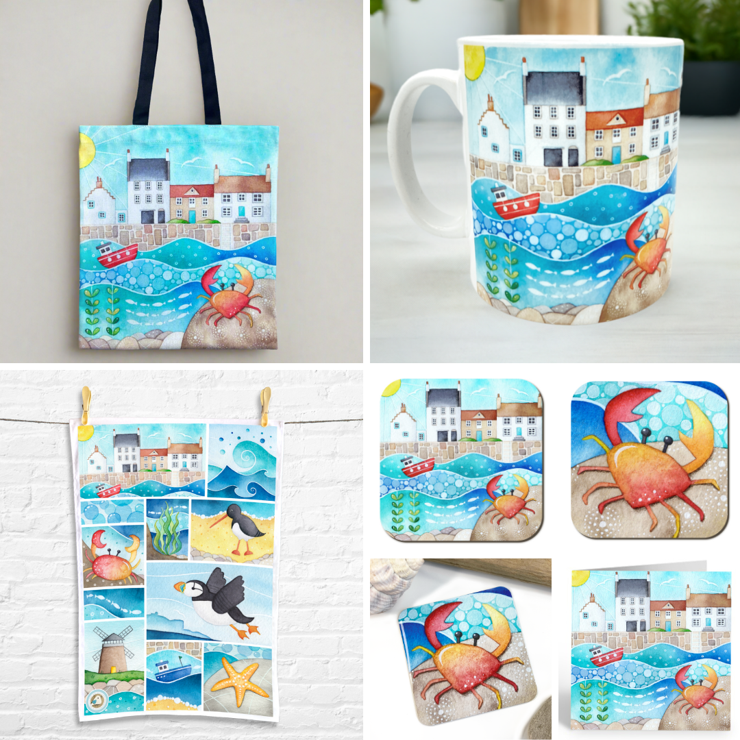 Crab Gift Bundle - Crail Harbour - Tote, Mug, Coasters, Tea Towel, Fridge Magnet, Card - Save £4.50