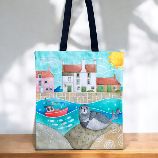 Seal Shopping Bag - Seaside Tote Bag - Sammy Seal at Pittenweem Harbour