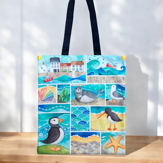 Seaside Shopping Bag - Cotton Tote Bag - Seagulls, Seals & Puffins