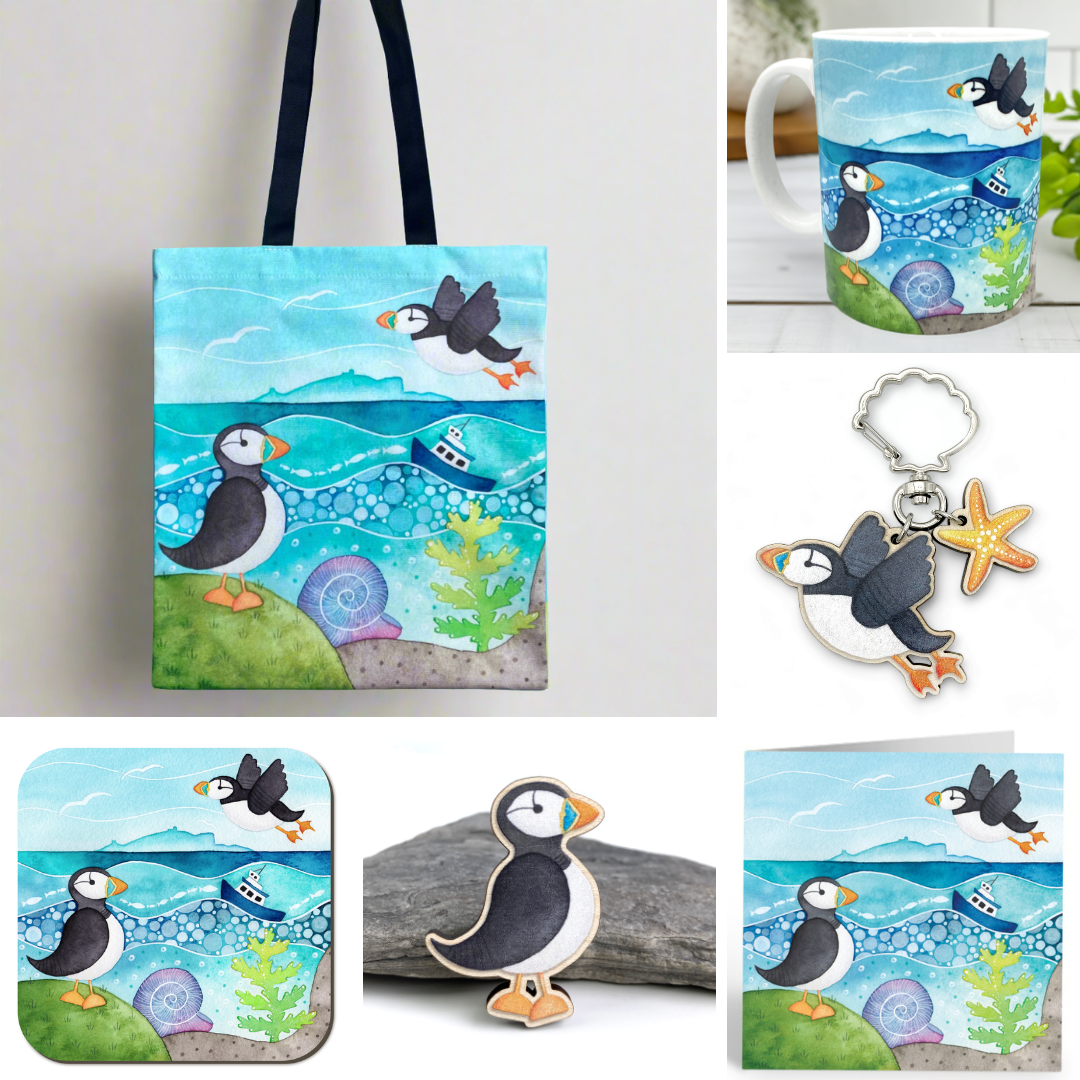 Puffin Gift Bundle - Isle of May - Tote, Mug, Keyring, Coaster, Fridge Magnet, Card - Save £5