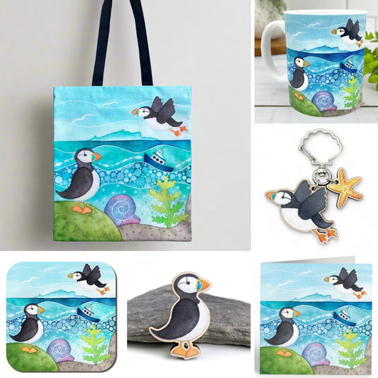 Puffin Gift Bundle - Isle of May - Tote, Mug, Keyring, Coaster, Fridge Magnet, Card - Save £3.50