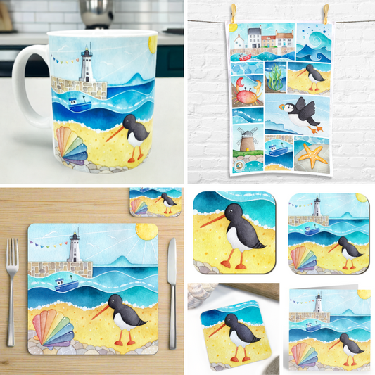 Oystercatcher Gift Bundle - Anstruther Lighthouse - Mug, Coasters, Placemat, Tea Towel, Fridge Magnet, Card - Save £4