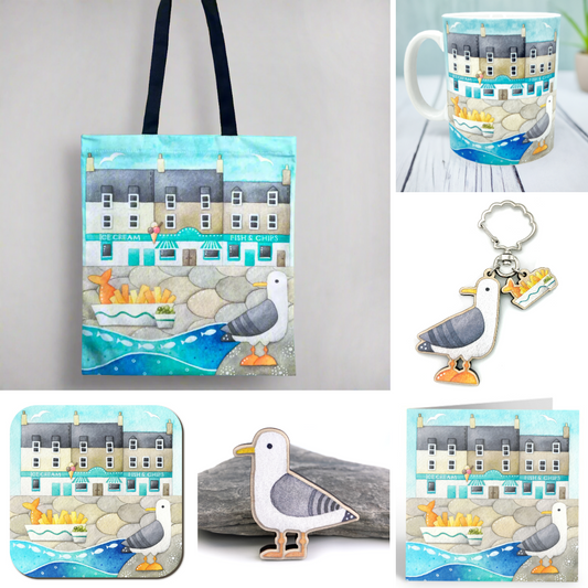 Seagull Gift Bundle - Fish and Chips - Tote, Mug, Keyring, Coaster, Fridge Magnet, Card - Save £3.50