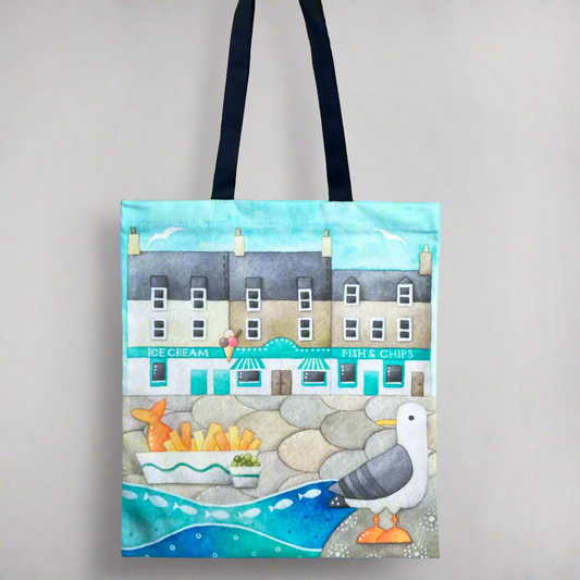 Tote Bag - Seagull with Fish and Chips - Seaside Shopping Bag