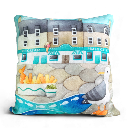 Cushion Cover - Seagull and Fish & Chips - Seaside Watercolours