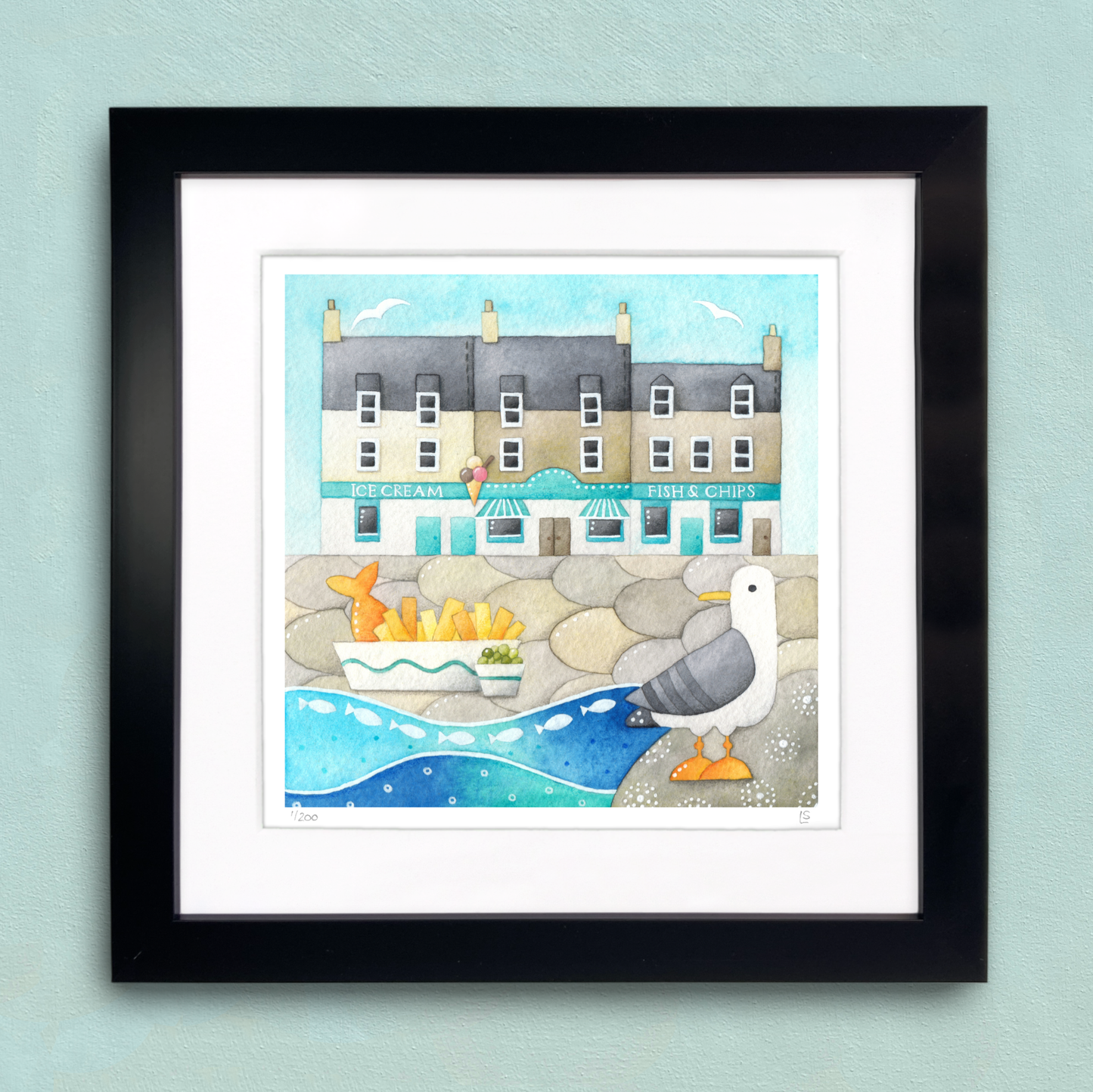 Framed Seaside Print - Seagull at Anstruther Fish Bar - East Neuk of Fife Watercolour Painting