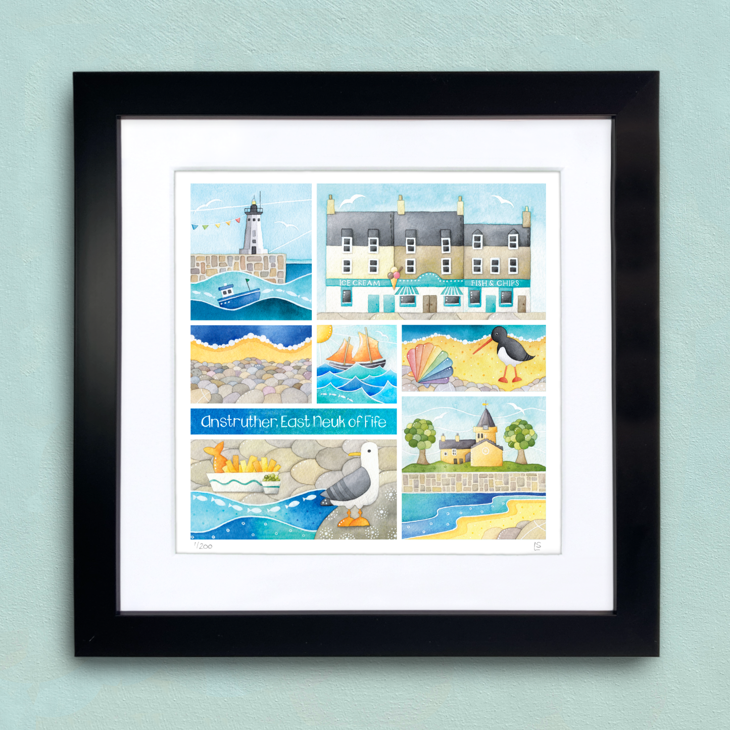 Framed Seaside Print - Greetings from Anstruther, East Neuk of Fife - Watercolour Painting