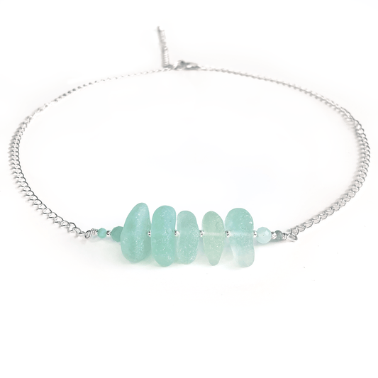 Aqua Green Sea Glass Necklace with Amazonite Crystal Beads - Sterling Silver Scottish Jewellery - East Neuk Beach Crafts