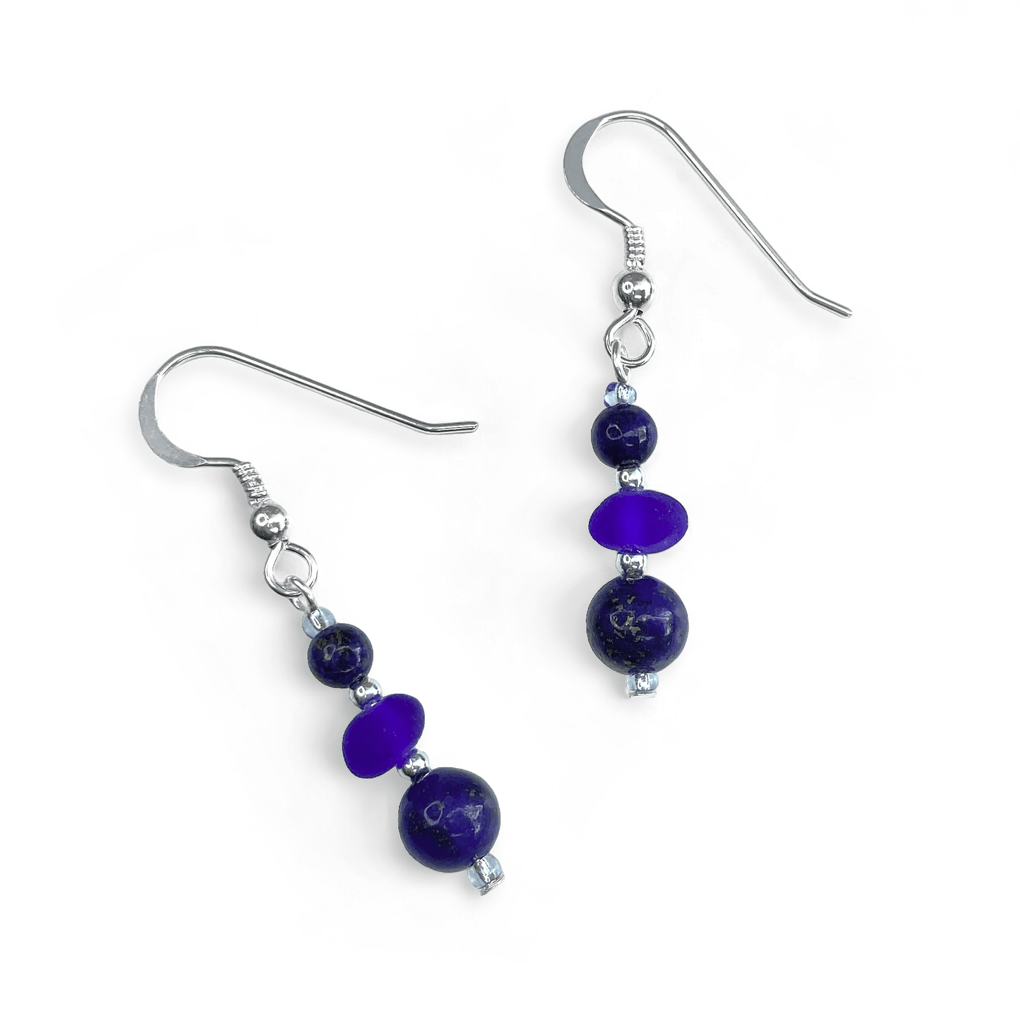 Blue Sea Glass Earrings - Sterling Silver Beaded Earrings with Lapis Lazuli Crystal - East Neuk Beach Crafts