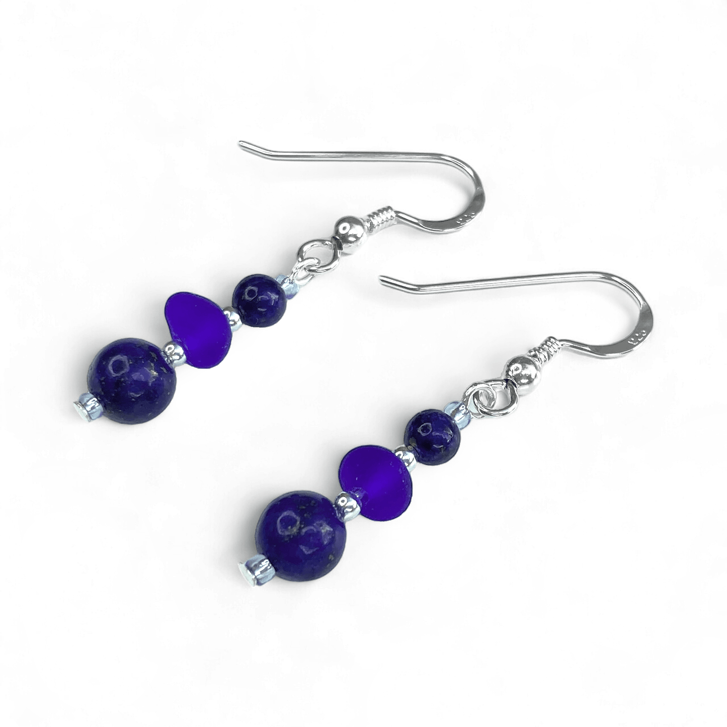 Blue Sea Glass Earrings - Sterling Silver Beaded Earrings with Lapis Lazuli Crystal - East Neuk Beach Crafts